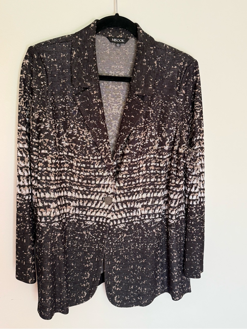 Misook Black and Cream Patterned Knit Single-Button Blazer Size L